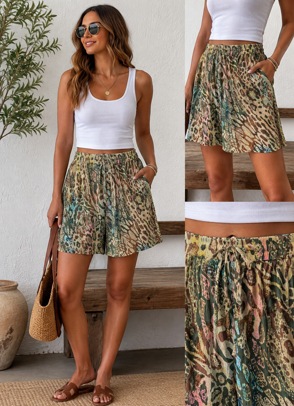 Vintage Phool Colorful Print 100% Cotton Shorts High Rise Elastic Waist Size L